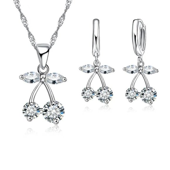 Jewelry - 925 Sterling Silver Bundle Necklace And Earrings Cherry Drop Hoop Top